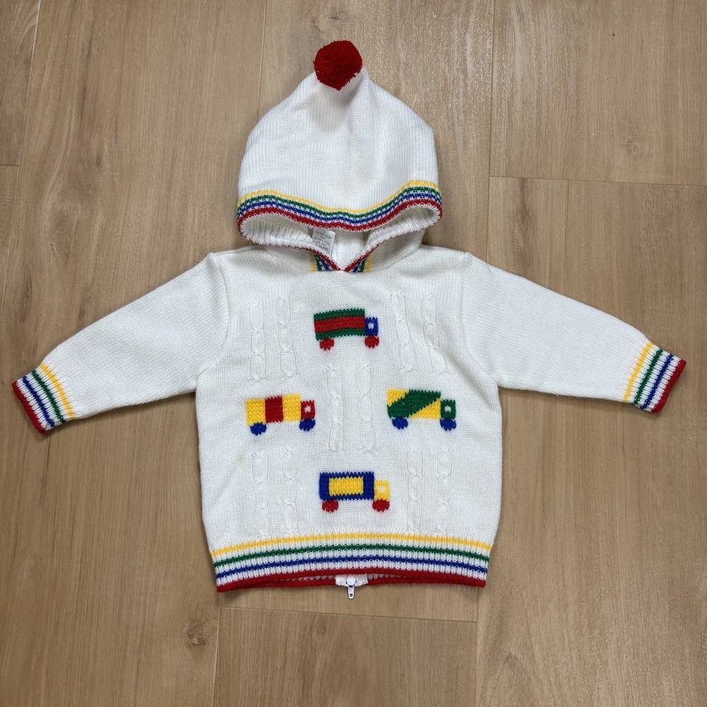 VTP Baby 6-9 Month White Knitted Sweater Trucks Rainbow Stripe Hooded Colorblock
